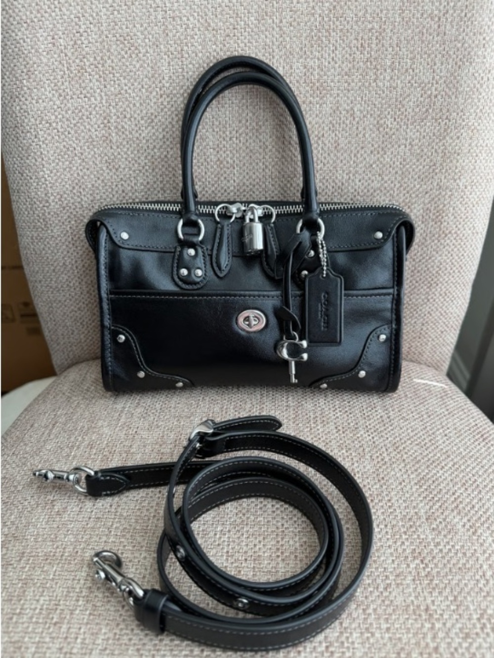 Coach Black Leather Satchel with Detachable Strap and Turnlock